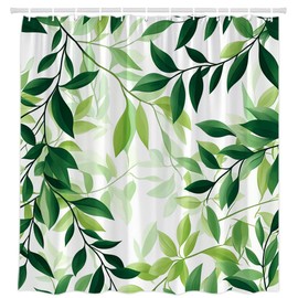 Green Leaves Shower Curtain Rustic Green Plants Nature Botanical Minimalism Neutral Watercolor Ombre Bathroom Decor Polyester Fabric Curtains with Hooks 70 "W x 70" L