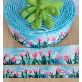 Unbranded 7/8 & 1.5" (1 YD) Floral Grosgrain Ribbon Pink Tulips Mother's Day Valentine  - 1.5 inch