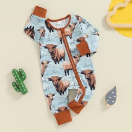 Western Baby Boy Clothes Fall Zipped Cowboy Romper Outfit Infant Cow Print One-piece Jumpsuit Overall Country Stuff (Blue, 6-12 Months)