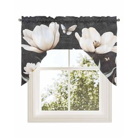 Gifikkazinn Vintage White Floral Swag Valances for Windows, Rustic Botanical Garden Flowers Swag Curtain for Kitchen Sink/Bathroom Rod Pocket, Black Window Treatment Decor Panel, 56 x 36 Inch