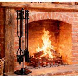 Fire Beauty Fireplace Tools, 5 Pieces Fireside Accessories Fire Kit Set,Woodstove Tools Holder Wrought Iron Handle Indoor Fireset Stand (32 Inches)