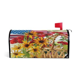 WOOR American Flag and Sunflowers Flowers Magnetic Mailbox Cover MailWraps Garden Yard Home Decor for Outside Standard Size-18"x 20.8"
