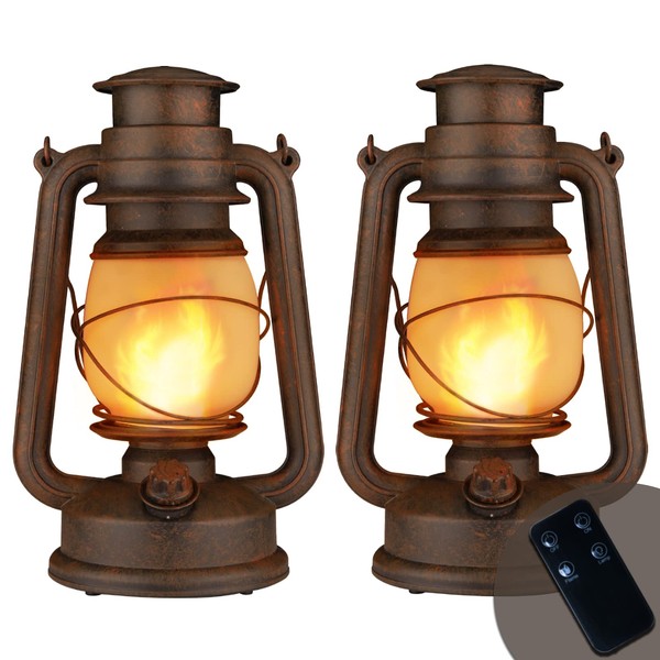 Dancing Flame Led Vintage Lantern, Outdoor Hanging Plastic Lantern Operated with Remote Control Two Modes Christmas Decorative Lanterns Battery Powered for Garden Patio Deck Yard Path 2 Pack