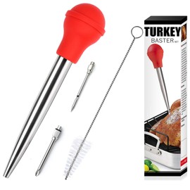 Stainless Steel Turkey Baster With Cleaning Brush - Food Grade Syringe Baster For Cooking & Basting With 2 Marinade Injector Needles - Ideal For Butter Dripping, Roasting Juices For Poultry (Red)