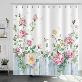 Dazzlewall Flower Shower Curtain 180 x 180 cm, Pink Roses Blue Fence Shower Curtains, Waterproof, Anti-Mould, Polyester Fabric, Washable Curtain for Bathroom, Bathtub with 12 Hooks