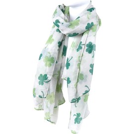 EVECILOO St. Patrick's Day Shamrock Scarf Irish Clover Scarf White Green Scarf Shamrock Patterns Satin Scarf (A)