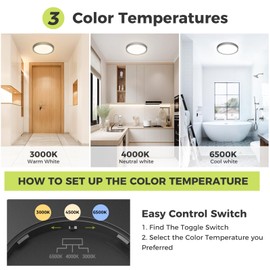 hepside LED Ceiling Light,3000K/4000K/6500K 3 Color Temperature, Waterproof IP54 LED Ceiling Lamp, Modern,Round Flush Ceiling Light for Bathroom, Living Room,Bedroom, Kitchen, Office,Ø22CM(Black)