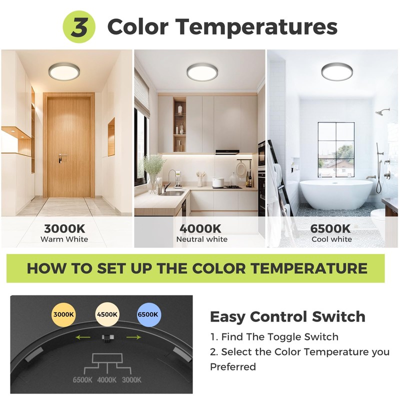 hepside LED Ceiling Light,3000K/4000K/6500K 3 Color Temperature, Waterproof IP54 LED