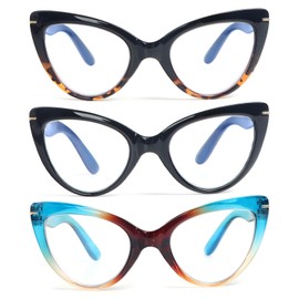 DXYXYO 3 Pack Cat Eye Reading Glasses for Women Fashion Blue Light Blocking Thick Frame Computer Readers 1.25, Black+leopard+blue
