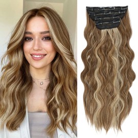 Clip in Hair Extensions, 20 Inch Caramel Brown Mixed Honey Blonde Hair Extensions for Women 4PCS Long Wavy Hair Extensions Clip Ins Synthetic Fiber Curly Clip in Hair Extensions for Daily Party Use