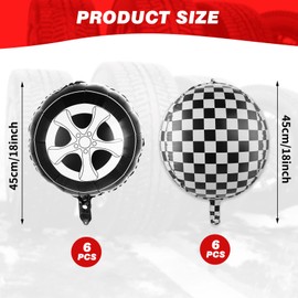 12 Pieces Black and White Checkered Balloons, Race Car Balloons Car Wheel Balloons Tire Balloons Aluminum Foil Checkered Flag Balloons for Racing Theme Birthday Party Decoration Supplies 18 Inch