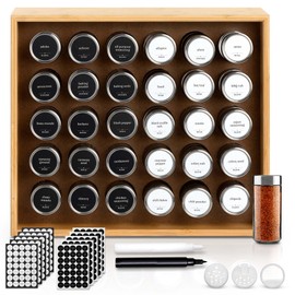 BOURBON & BARREL Wooden Spice Rack Organizer with Glass Jars | Stainless Steel Lids | Bamboo Countertop Spice Organization | 350 Waterproof Spice Labels | 2 Chalk Markers | 30 4oz Jars [Bamboo]