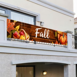 BlissYard Fall Banner 118 x 20 inchs Autumn Thanksgiving Outdoor Decoration Garden Fence Banner Fall Thanksgiving Leaves Pumpkin Yard Lawn Porch Hanging Decor