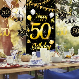 50.Geburtstag Banner für Männer Frau 50 Geburtstag Deko Geburtstagsdeko Gold Banner Geschenk XXL mit 50th Birthday Spiralhänger