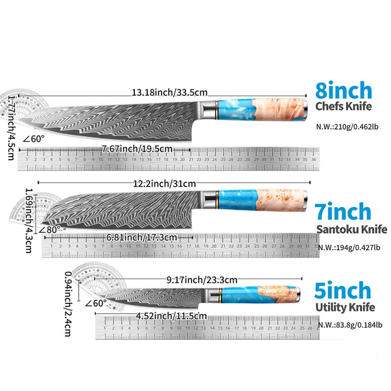 LONSDOW Luxurious 67 Layers Damascus Kitchen Knife Set Chef Nakiri