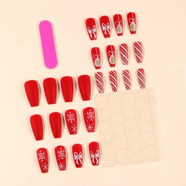 Vopintpy Christmas Press on Nails Long Square Fake Nails Snowflake Bow False Nails with Stripe Design Acrylic Glue on Nails Matte Winter Xmas Stick on Nails for Women DIY New Year Manicure