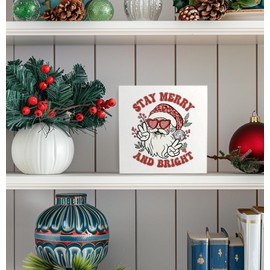 Absnfatu Funny Christmas Signs, Stay Merry and Bright Funny Disco Santa Wooden Box Sign, Santa Claus Decor, Funny Christmas Wood Signs for Home Office Desk Table Tabletop Shelf Decorations, 5x5 Inch