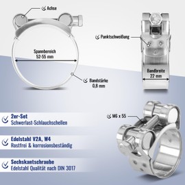 Poppstar Set of 2 hinge bolt clamps stainless steel hose clamps clamping range 52-55 mm, band width 22 mm, W4