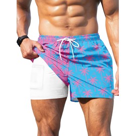 Keevoom Mens Swim Trunks Compression Liner Swim Shorts Swimwear Quick Dry Swimsuit Bathing Suits Board Shorts with Pockets Pink Blue