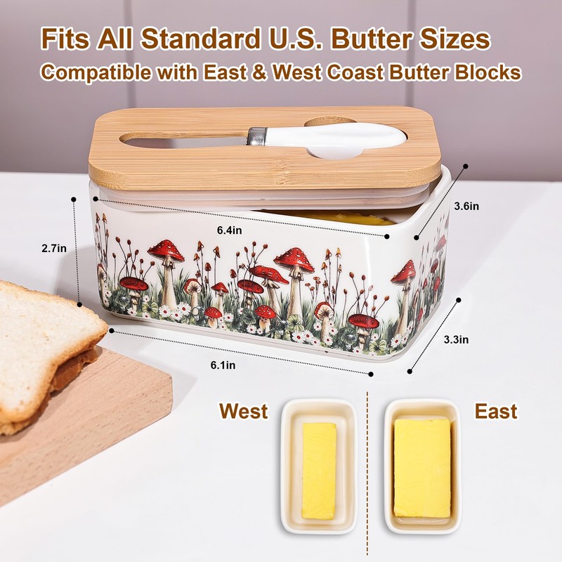 Fungi Fun Ceramic Mushroom Butter Dish with Lid and Knife,