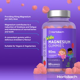 Horbaach Children's Magnesium Gummy Bears 90 mg with Vitamin C | 60 Magnesium Citrate Vegan Gummies - 2 Month Supply | Alternative to Capsules & Tablets | Magnesium Supplement for Children