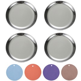 RMNHPTK Cat Food Dishes, Stainless Steel Cat Shallow Dish Relief Whisker Fatigue Cat Food Water Dish Pet Dishes with Non-Slip Mats Basic Metal Dish for Cat Kitten (4 PCS, Large)