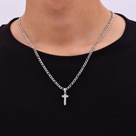 Fiusem Silver Tone Cross Necklace for Men, Stainless Steel Mens Cross Necklaces with 3.5mm Figaro Chain, Tiny Pendant Chain 20 Inch