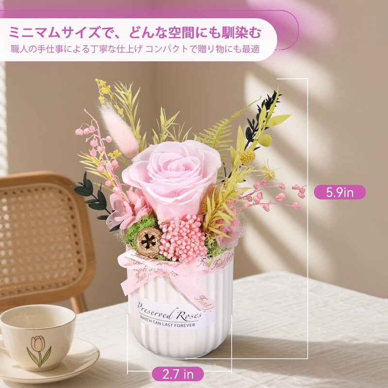 Bloom's Diaryミニプリザーブドローズアレンジメント セラミックミニ花瓶、リアルタッチプリザーブドローズホームデコレーション、彼女、女性、妻へのギフト (ピンク)