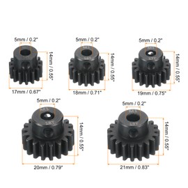 QUARKZMAN RC M1 Motor Sprocket Gear 5 mm Shaft 15T/16T/17T/18T/19T Hardened Sprocket Gear Carbon Steel for 1/8 RC Model Car Boat Drone Pack of 5