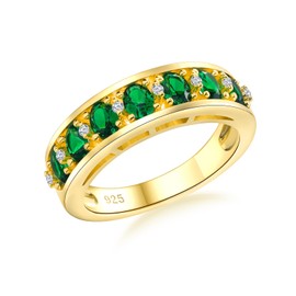 AGRULE May Birthstone Rings 5.8mm Thick Eternity Band Yellow Gold Plated Sterling Silver Channel Set Chunky Anniversary Ring Emerald Green Wedding Bands for Men Women, Size 6