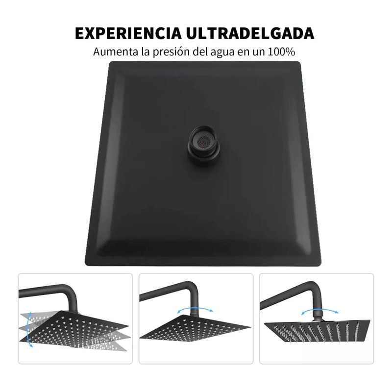 Regadera Cuadrada Tipo Lluvia Alta Presión Acero Inoxidable Negro Cromado