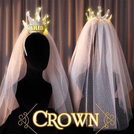 JONKY Light Up Bride Headband Wedding Veil Crown Headpiece Bachelorette Party Hair Accessory for Women (Silver)