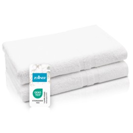 ZOLLNER Set of 2 Bath Towels in 70 x 140 cm, Fluffy Cotton Bath Towels, with Modern Striped Border, Washable up to 95°C, with Practical Hanging Loop, in White, Hotel Quality