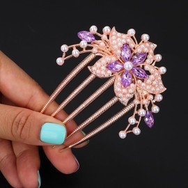 Chargances Boho Flower Purple Rhinestone Hair Comb Bride Wedding Pearl Crystal Hair Side Comb Luxury Beaded Handmade Hair Accessories for Women and Girls (Purple)