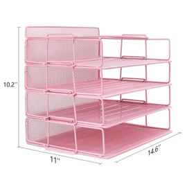 LUCYCAZ Desk Organizer - Stackable Paper Tray, 4 Tier Pink Letter Tray, 5 Trays Metal Paper Organizer for Desk, File Organizer for School Home and Office