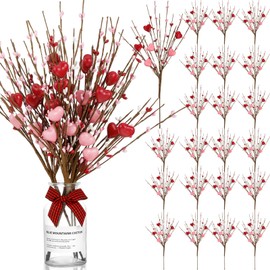 Lyrow 24 Pcs Valentine's Day Artificial Berry Flower Stems Heart Shape Floral Picks Sprays Branches for Valentine's Day Mother's Day Wedding Decoration Table Decor Vase Filler(Red and Pink)