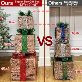 [ Super Large 12"-10"-8" ] 3 Pack Christmas 60 LED Lighted Gift Boxes Decor Timer 8 Modes Remote Battery Operated Gold Glitter Boxes Decorations Outdoor Home Indoor Xmas Tree Yard