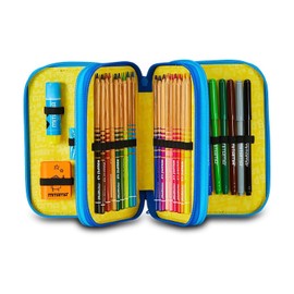 Mitama School Pencil Case 3 Compartments, Triple Mysterical Warriors, Content 47 Pieces, Complete with Pencils, Markers and Pen Holder for Elementary School Children, Blue, Taglia Unica, 3 Zip Pencil