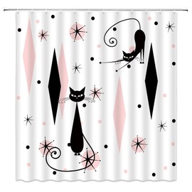 GCTNBJL Mid Century Modern Geometric Shower Curtain Black Cat Starbursts ​Atomic Stars ​Abstract Pink Black Geometric Retro 1950s 1960s Vintage Bathroom Decor Fabric Curtain with Hooks