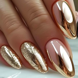 RUOKEXIN Almond Press on Nails Medium Fake Nails Gold Glitter False Nails with Designs Gold Nail Press ons Gold Sparkly Glue on Nails Cute Stick on Nails for Women 24Pcs