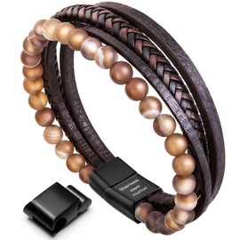 murtoo Mens Bead Leather Bracelet, Natural Bead, Steel and Leather Bracelet for Men Christmas Gift (Brown Bead, 8.07)