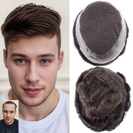 Durable Mens Toupee Human Hair System for Men Swiss Lace Mens Hair Piece Poly PU Skin Hair Unit Prosthesis Wig Replacement for Men #3 Dark Brown 8x10 Inch