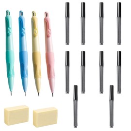Cute Mechanical Pencil Set, 4 Pieces 2 mm Ergonomic Grip Pen with 80 Pencil Leads and 2 Erasers for Writing Drawing Home Office School Accessories