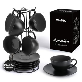 MIAMIO - Set of 6, Ceramic Stackable Cappuccino Cups Set / 6 Ounce Cappuccino Mugs and Saucer with Metal Stand for Coffee Drinks, Cafe, Latte, Americano and Tea - Le Papillon Collection (Black)