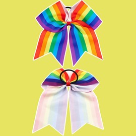 2PCS Rainbow Cheer Leading Bow Rainbow Hair Elastics Ties Jumbo Large Hair Bows with Elastic Ponytail Holder Bow Hair Tie Band Hair Accessories for School Girls Women Gay Pride Day Outfit