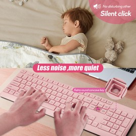Wireless Silent Keyboard Mouse Combo, Ultra-Slim USB Keyboard Silent Mouse Set, Water-Dropping Keycaps, 12 Shortcuts, 2.4GHz Wireless Connection for PC Laptop Windows XP/7/8/10, Vista, Mac (Pink)