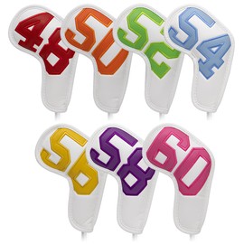 Golf Iron Covers Wedge Covers Golf Head Covers for Irons and Wedges Set of 6 Stylish Design Colorful Count Impact PU Leather Velcro Closure (48°, 50°, 52°, 54°, 58°, 60°), White/Black, 2 Colors (White)