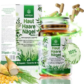 Vimion Vegan Skin Hair Nail Capsules with Biotin, Zinc, Selenium, B Vitamin Complex, L-Cysteine and Silicon from Bamboo, Horsetail and Millet - 30 Capsules as a Supply for 1 Month