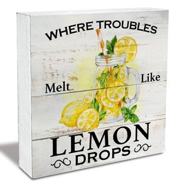 Where Troubles Melt Like Lemon Drops Wood Box Sign Rustic Wooden Box Sign Summer Farmhouse Home Kitchen Desk Shelf Decor (5 X 5 Inch)