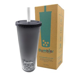 Bumbler 24oz Large Reusable Portable Eco-Friendly Tumbler | Drinking Cup with Wide Soft Tip Straw, Aesthetic Leak-Proof Lid – for Boba Tea, Smoothies, Iced Coffee, Hot or Cold Drinks – Black